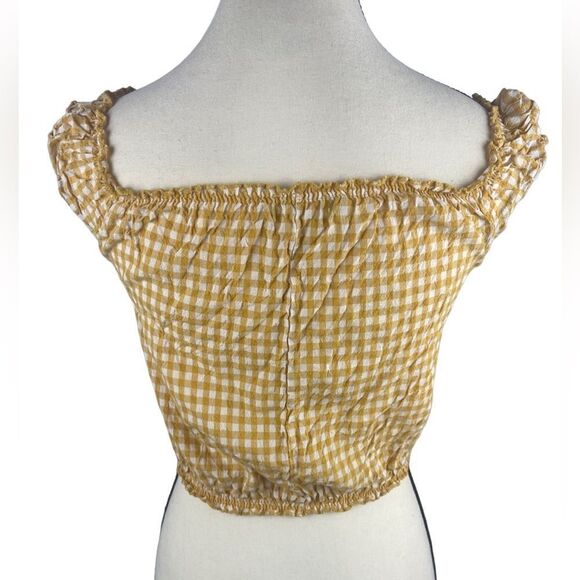 Brandy Melville Women Yellow Stretch Sleeveless Gingham Ruffle Crop Top Size: S - Picture 4 of 7